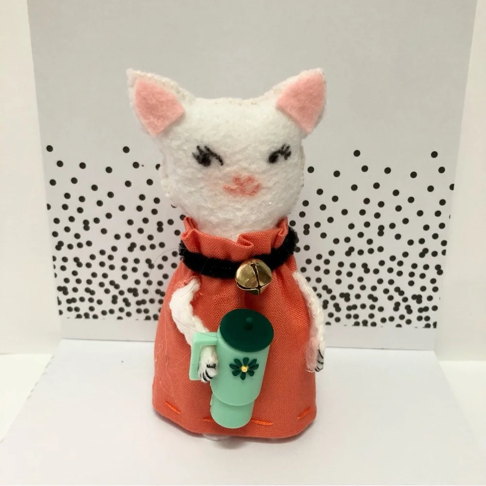 Ready for Fall Felt Cat Art Doll  holding a tumbler hand-sewn cake Topper meow